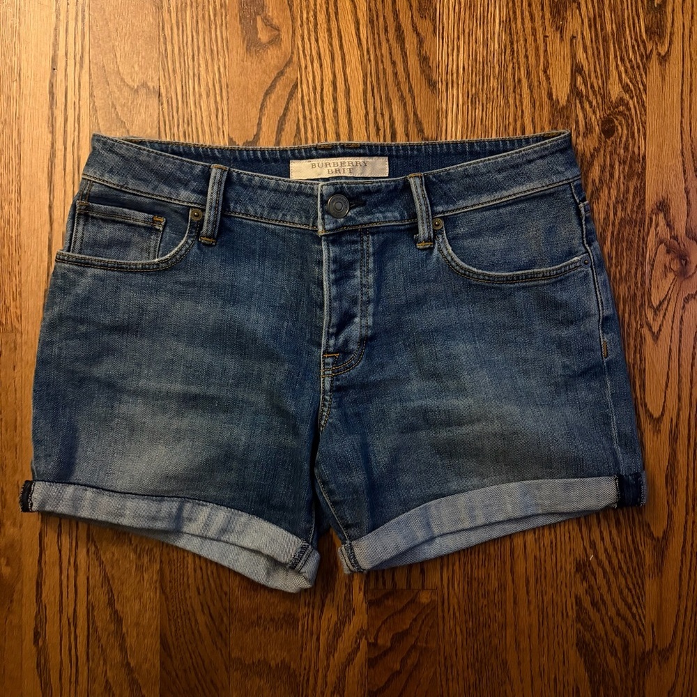 Burberry Brit Denim Shorts W26 Medium Wash Cuffed Stretch Designer Jean Shorts